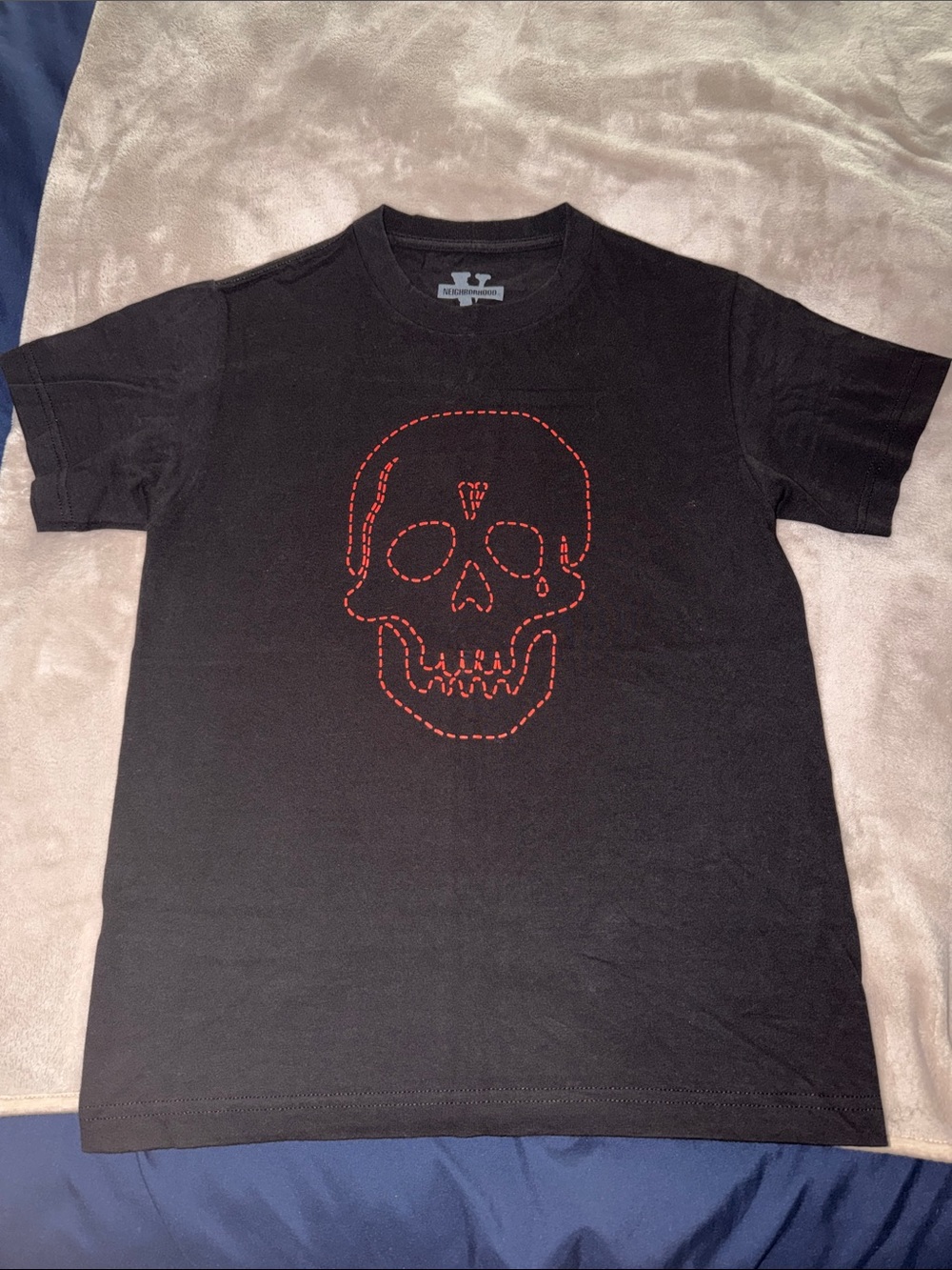 VLONE Black Short Sleeve Tee with Red Skull Stitching